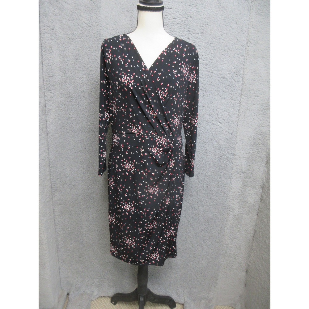 Ann Taylor Wrap Sheath Dress Womens 10P Black Polka Dot Stretch Business Casual
